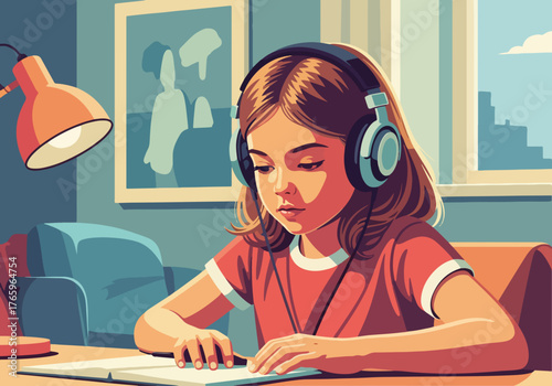 A girl with headphones studying at home. E-learning and online education concept. Flat design character graphic