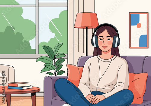 A young woman listening to music with headphones at home. Character relaxing on a sofa in a cozy living room. Modern flat design graphic