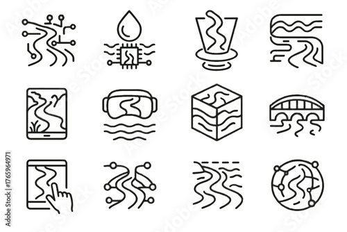 Icon holographic water icons vector flow connected smart virtual cube river bridge