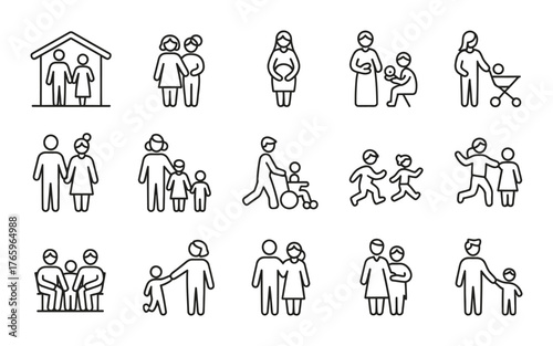 Diverse family and relationship icon set showing human connection and care in various scenarios