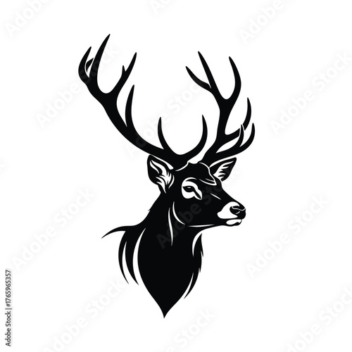 Majestic Black Stag Head with Large Antlers in a Stylized Graphic Illustration.