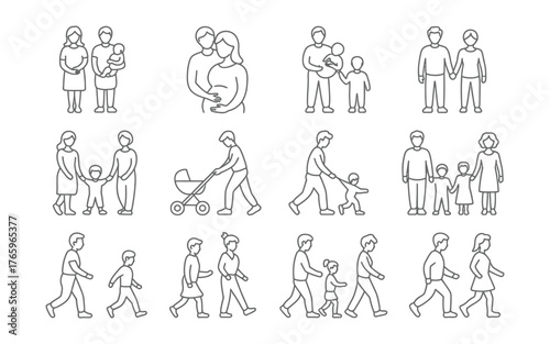 Line art family figures diverse poses people walking strolling caring holding relationships