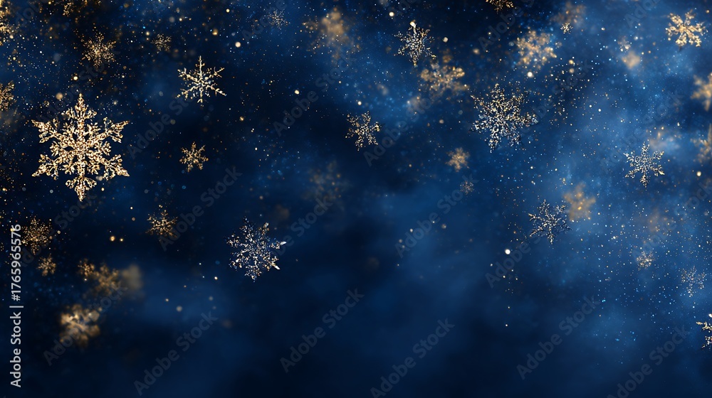 Obraz premium Elegant christmas background with golden snowflakes falling on a dark blue surface creating a festive and enchanting winter wonderland scene
