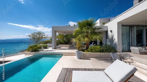 A modern beachfront villa with a rectangular pool, white sun loungers, palm trees, and an ocean view.