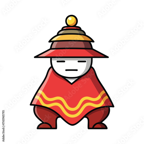Stoic cartoon character wearing a red poncho and a tiered conical hat.