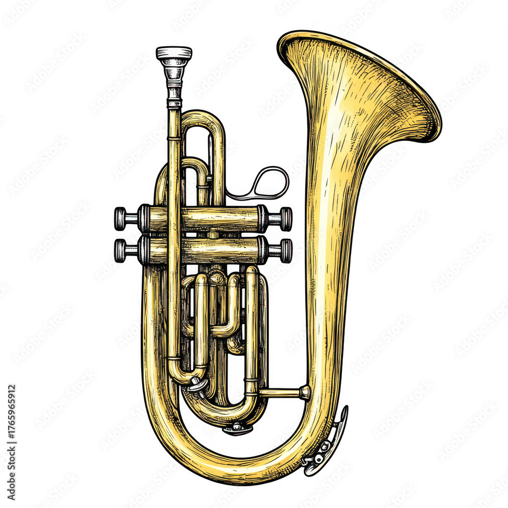 Fototapeta premium Engraving Style of Cornet Instrument with Compact Design and Unique Finish, isolated on transparent background.