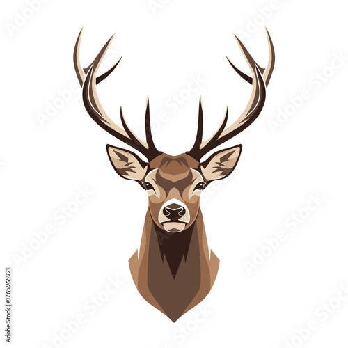 Stylized geometric illustration of a majestic brown stag head with large prominent antlers facing forward.