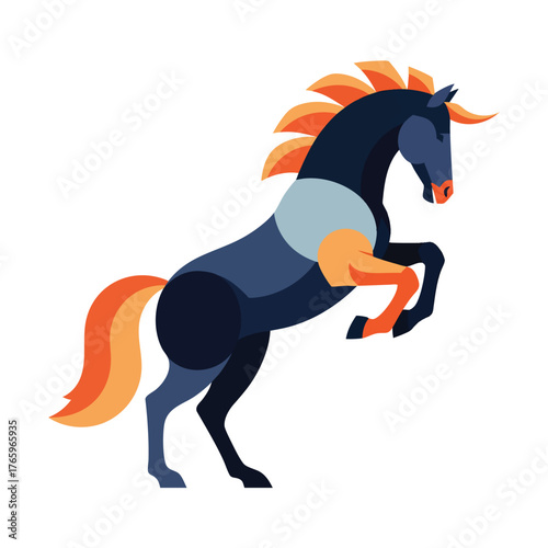 Stylized Rearing Dark Blue Horse with a Fiery Orange Mane and Tail.