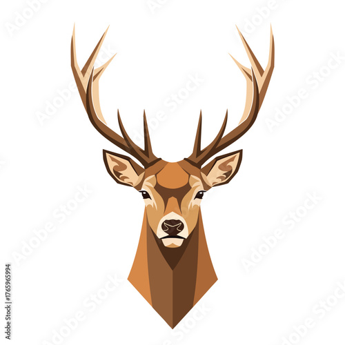 Symmetrical geometric stag head illustration with large elegant antlers in brown tones.