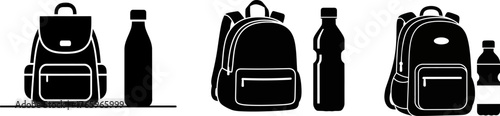 Vector silhouettes of backpacks and water bottles displayed from multiple angles for design and illustration purposes