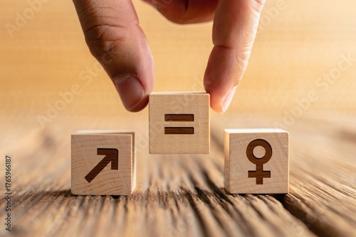 Fingers place equality symbol between male and female symbols on wooden blocks