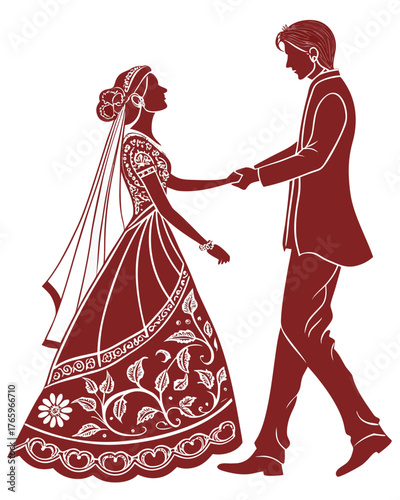 Silhouette of an indian couple in wedding attire holding hands