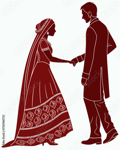 Indian wedding couple holding hands