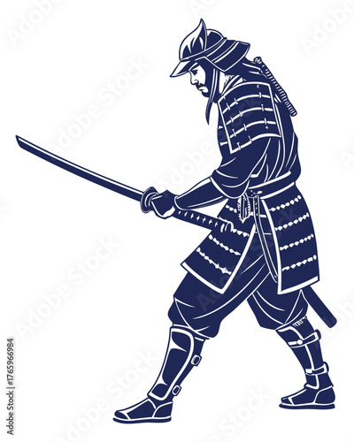 Samurai warrior in full armor walking with katana
