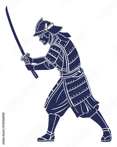 Samurai warrior in full armor attacking with katana