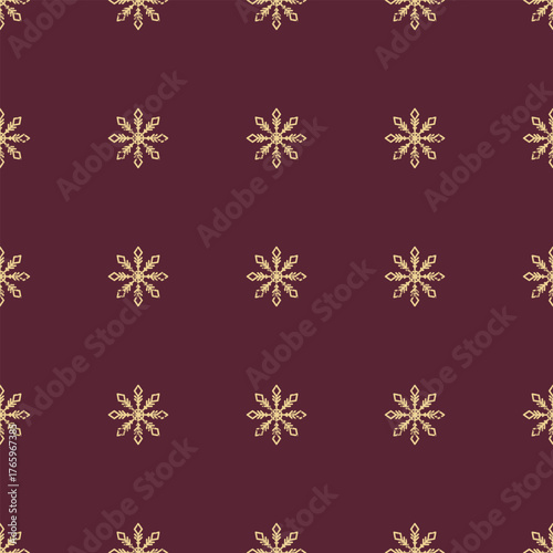 Seamless Christmas pattern. Grunge grainy snowflake texture. Festive endless vintage print. New Years vector. For textile, wallpaper, wrapping design. Golden snowflakes on burgundy background.