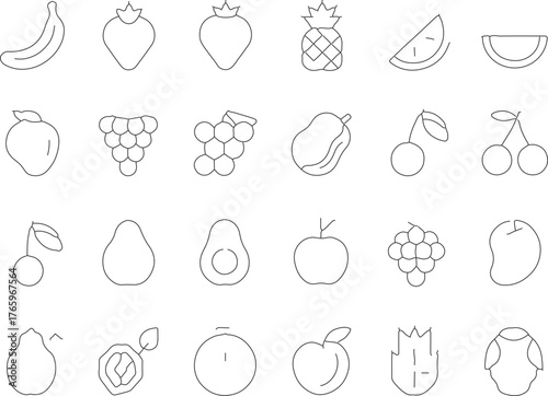 Collection of various fresh fruits icons in line style minimal design