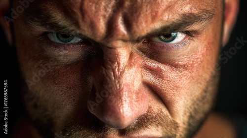 Aggressive man with intense angry stare and furrowed brow in dramatic lighting close-up