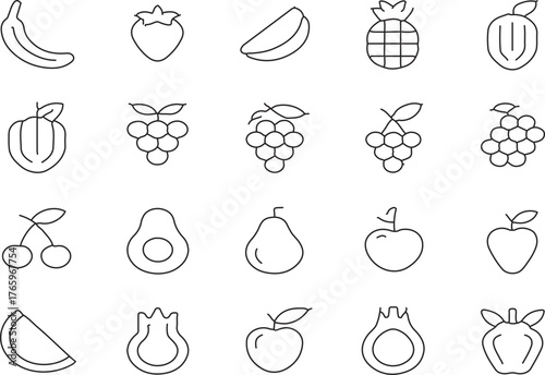 Variety of delicious fruits outline icons on white background