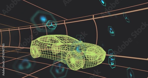 Icons drifting into view orbiting wireframe sedan in orange grid showcasing emissions metrics