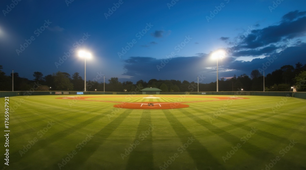 Fototapeta premium Illuminated baseball diamond at twilight. A well-maintained baseball field, lit by powerful stadium lights, is captured at dusk. 