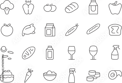 Collection of food and drink outline icons healthy and varied selection