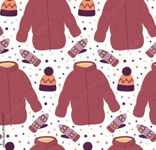 Seamless pattern with puffer jacket, knitted beanie and gloves. Cozy winter accessories background