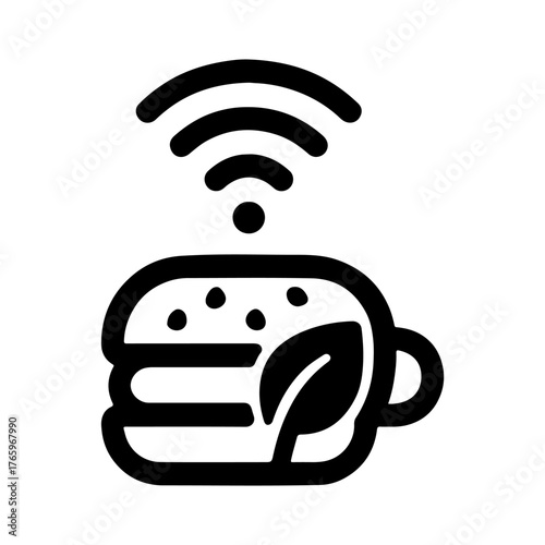 Black Icon of Burger with Leaf and Wi Fi Signal Keywords: burger, food, wifi, signal, icon