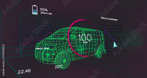 On start green wireframe EV model accelerating then slowing through gauge for telemetry display
