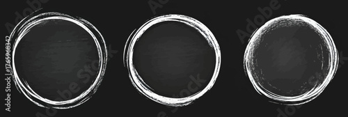 Set of three hand drawn chalkboard style circle frames with rough chalk brush stroke outlines and grunge texture for design decoration
