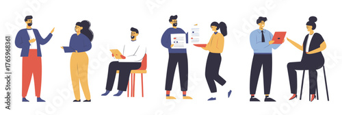 Flat vector illustration of diverse business people discussing documents and resumes, job interview and professional communication concept with office attire characters in modern style