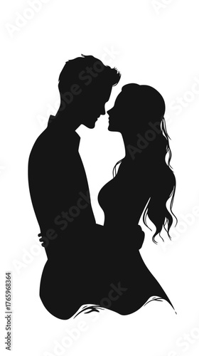 Silhouette of romantic couple embracing closely with forehead touching in intimate pose on white background vector illustration