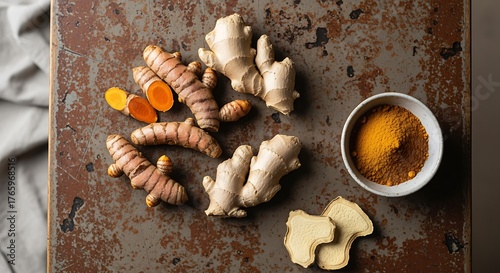 Fresh Ginger Root Turmeric Powder and Sliced Ginger on Rustic Surface