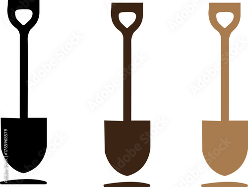 Three distinct shovel silhouettes in black brown and tan showcasing their iconic shapes and handles for various digging tasks