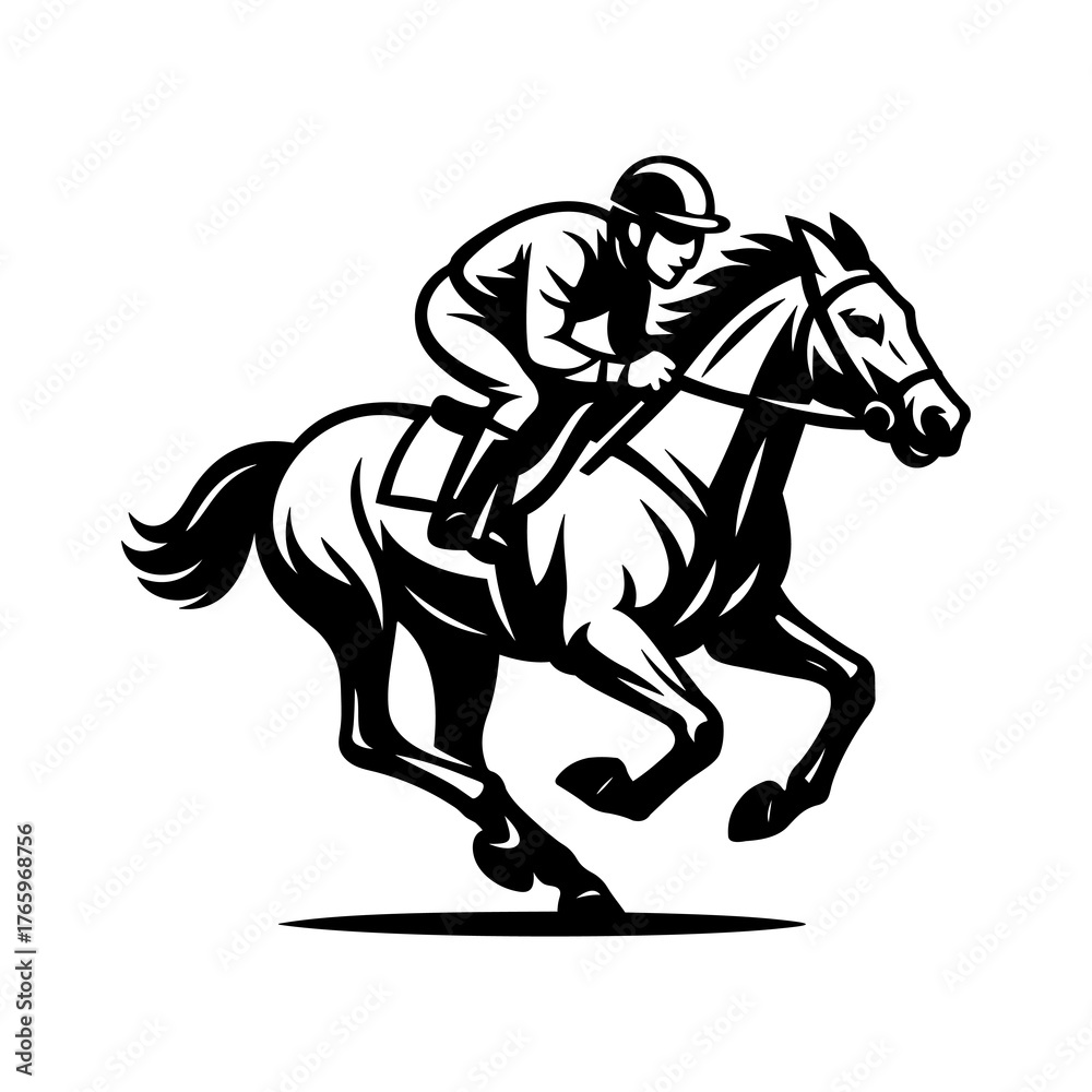 Fototapeta premium Horse Racing Vector | Jockey on Racehorse Silhouette | Equestrian Sport Illustration | Speed Horse Clipart | Riding Logo Design