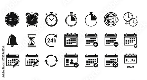 Calendar and time glyph icon set. Vector pictograms of stopwatch, reschedule, availability, 24-hour symbol, monthly calendar, bell, planner, add, checkmark, black sign silhouette illustration.