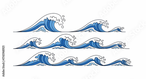 Vector Illustration of Three Ocean Waves with Foam and Outlines for Design