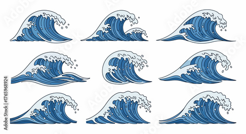 Vector Illustration of Ocean Wave Set Diverse Sea Waves in Nautical Style