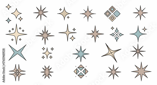 Collection of twinkling star illustrations in various shapes and styles for decorative designs and celestial concepts
