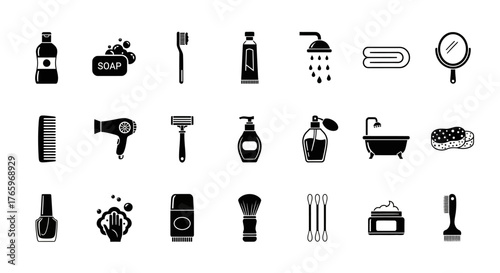 Bathroom essentials and personal hygiene products icon set. Vector pictograms of shampoo, soap, toothbrush, skincare, towel, mirror, black sign silhouette illustration.