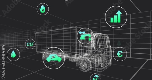 Scene opening icons fading orbiting around wireframe truck showing emission performance metrics