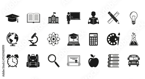 A collection of black silhouette icons representing various school, learning, and education concepts on a white background.