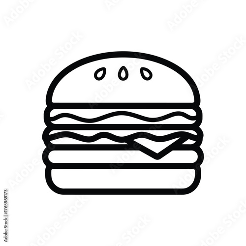 Vector art of burger icon simple outline drawing of a hamburger with sesame seeds on the bun, cheese, patty, and lettuce