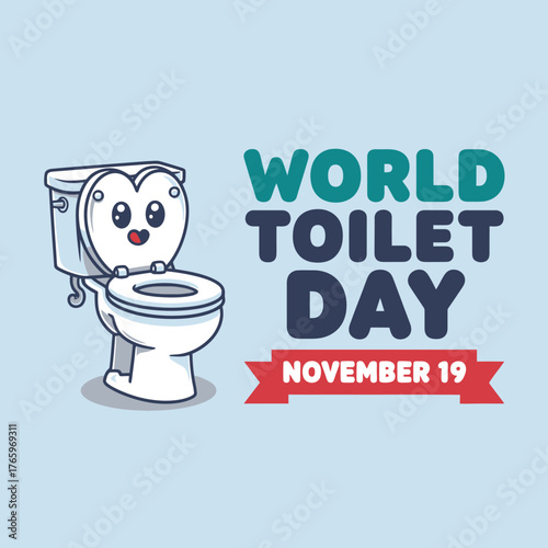 Vector art of cute cartoon toilet with heart face celebrating world toilet day on november 19th, promoting hygiene and sanitation awareness