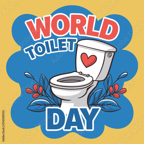 Vector art of artistic representation of world toilet day with a toilet surrounded by leaves and flowers, highlighting the importance of sanitation and hygiene