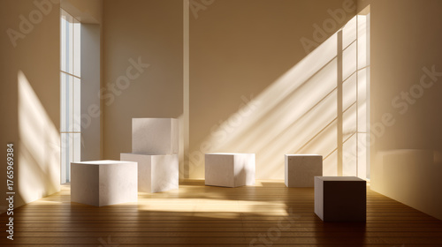 Sunlit Minimalist Room With White Cubes 