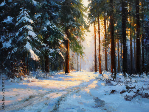 Sunlit Snowy Forest 