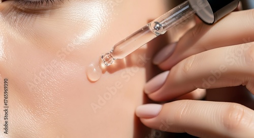 Applying a facial serum with a dropper to skin