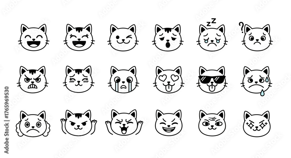 Obraz premium A collection of cute black and white cat head emoticons showing various emotions and expressions.