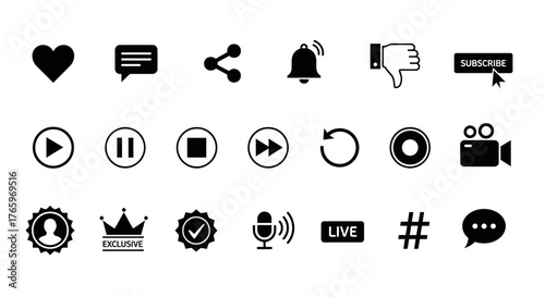 Media sosial icon set featuring like, comment, share, subscribe, live, hashtag, dislike, vector illustration.